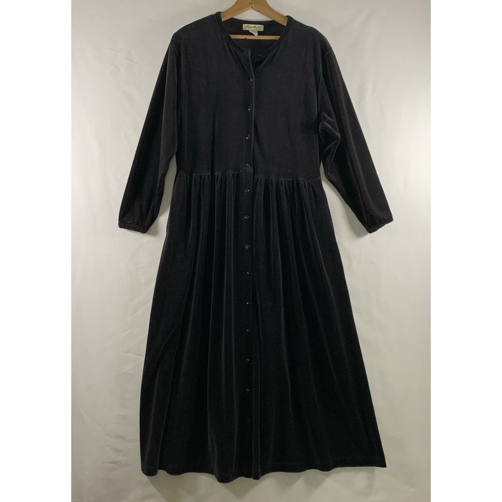 VTG Eddie Bauer Velvet Maxi Button Dress Size M Charcoal Modest Cottage Holiday